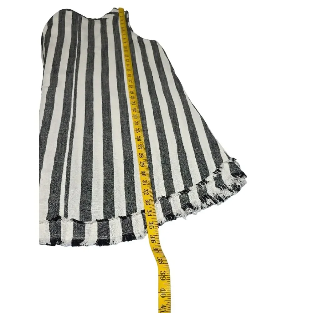 Umgee Sz M Black & White Strip Linen Blend Pocket Fringe Shabby Artsy BOHO Dress